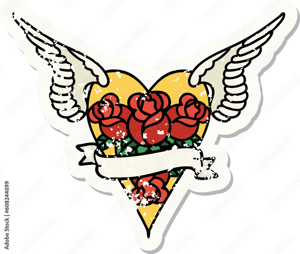distressed sticker tattoo in traditional style of a flying heart with flowers and banner