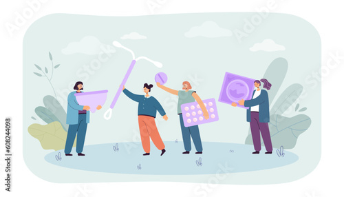 Women with different contraceptive methods vector illustration. Cartoon drawing of happy girls holding big condoms, birth control pills, IUD. Female healthcare, pharmacy, contraception concept