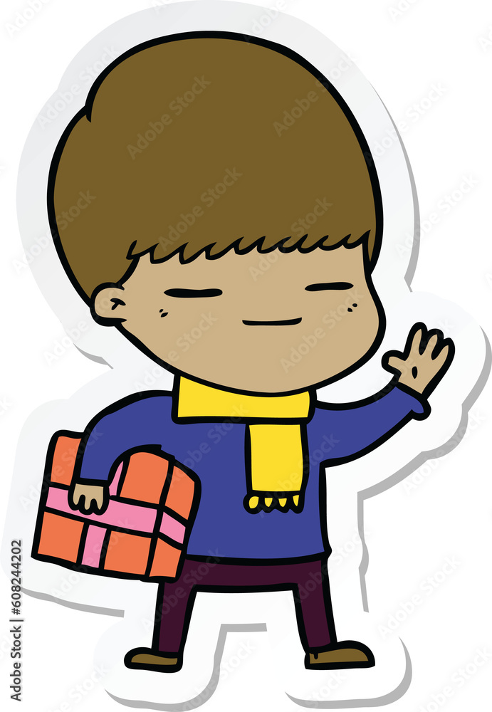 sticker of a cartoon smug boy carrying present sticker of a cartoon smug boy carrying present