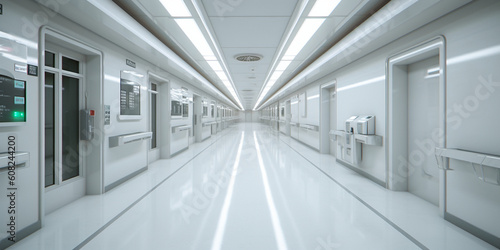 Krankenhaus mit langen Flur ganz in weiß. ai generativ photo