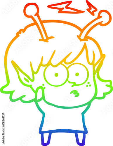 rainbow gradient line drawing of a cartoon alien girl