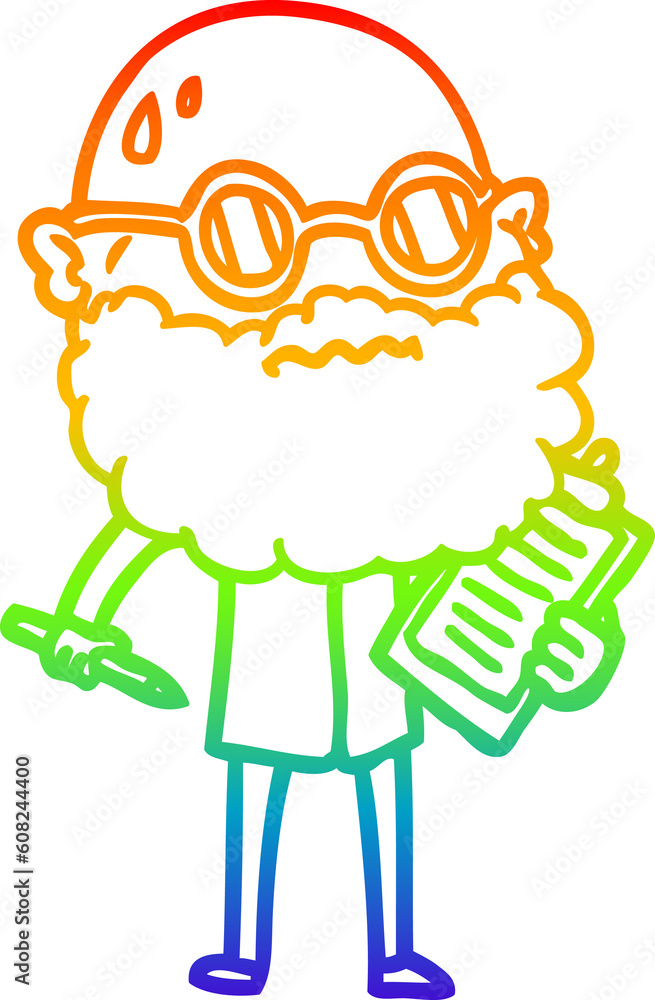 rainbow gradient line drawing of a cartoon worried man with beard and sunglasses taking survey rainbow gradient line drawing of a cartoon worried man with beard and sunglasses taking survey