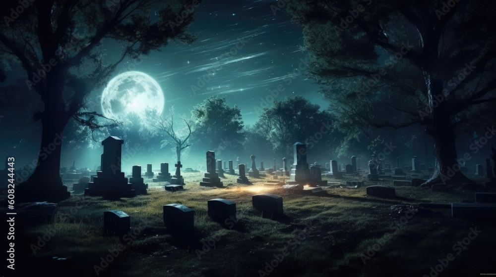 In the ethereal glow of moonlight, a hauntingly beautiful graveyard comes to life, enveloped by the presence of whispering spirits. Generated by AI.