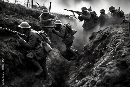 World war first. Soldiers are in trenches. Beautiful illustration picture. Generative AI