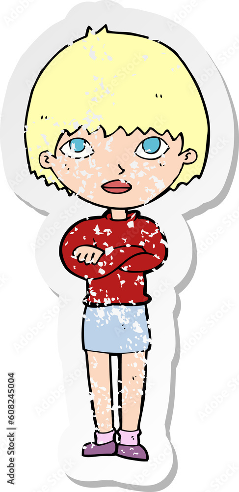 retro distressed sticker of a cartoon woman with crossed arms retro distressed sticker of a cartoon woman with crossed arms