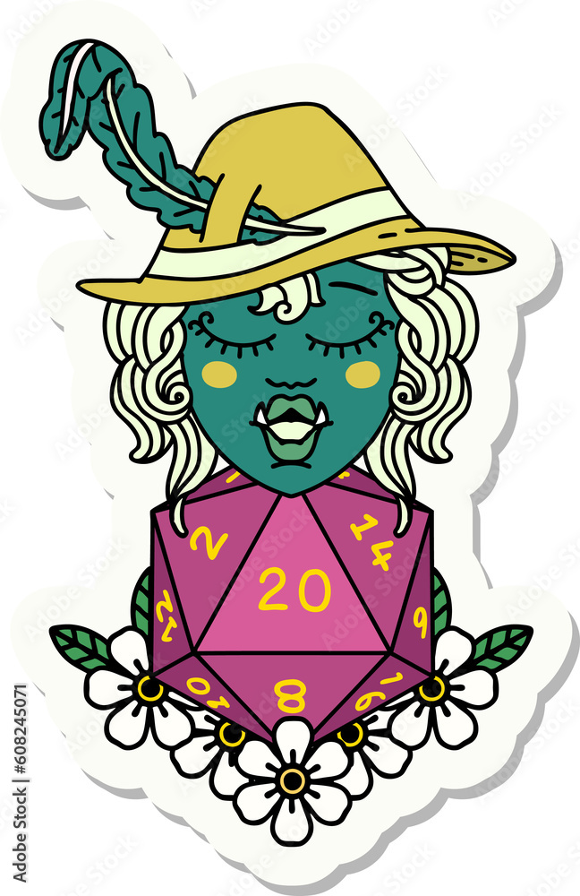 sticker of a half orc bard with natural twenty dice roll