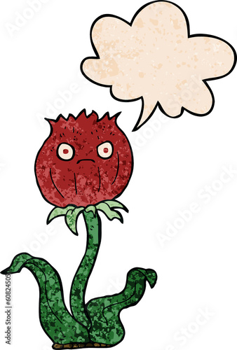 cartoon thistle with speech bubble in retro texture style