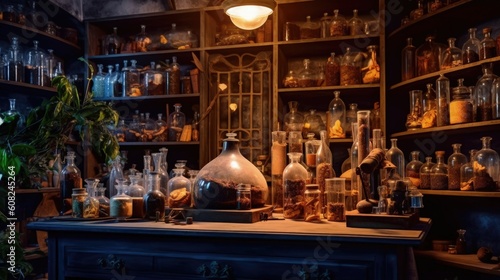 Enter an enchanting alchemical laboratory where the boundaries of science and magic blur. Explore a realm of bubbling flasks. Generated by AI.