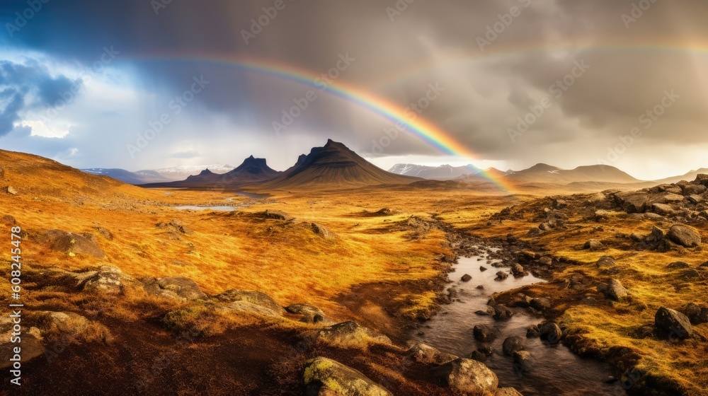 Delight in the magical sight of a stunning rainbow adorning the sky, gracefully spanning the horizon above a breathtaking mountain landscape. Generated by AI.