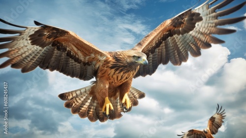 Witness the awe-inspiring sight of birds of prey soaring high in the open skies, their wings outstretched as they navigate with effortless grace. Generated by AI.