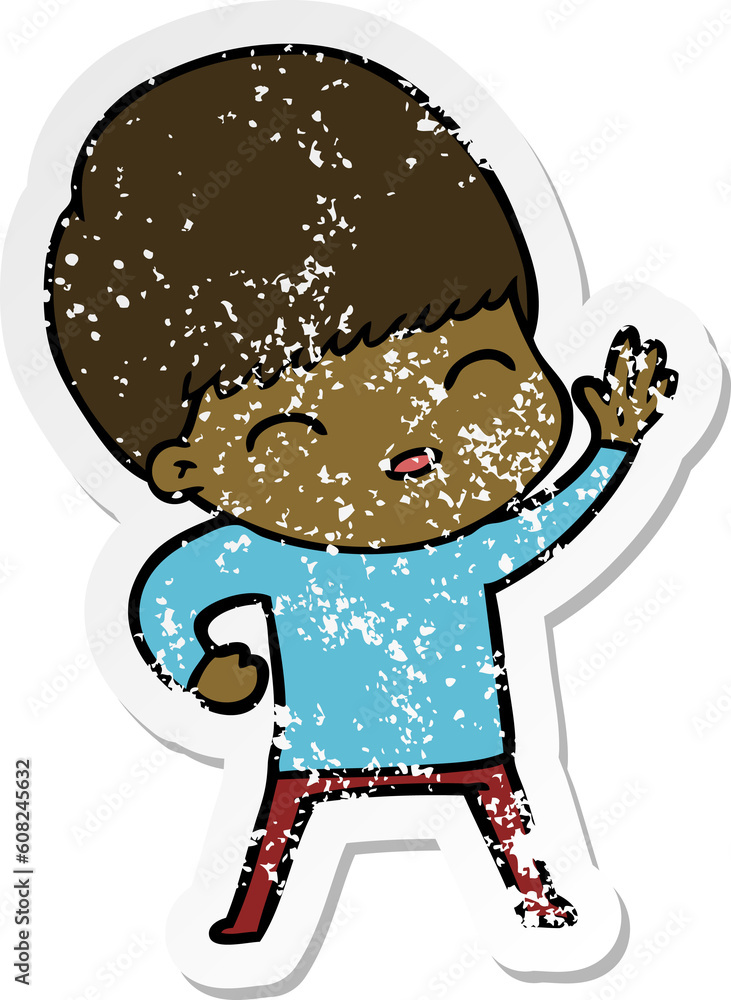 distressed sticker of a happy cartoon boy distressed sticker of a happy cartoon boy