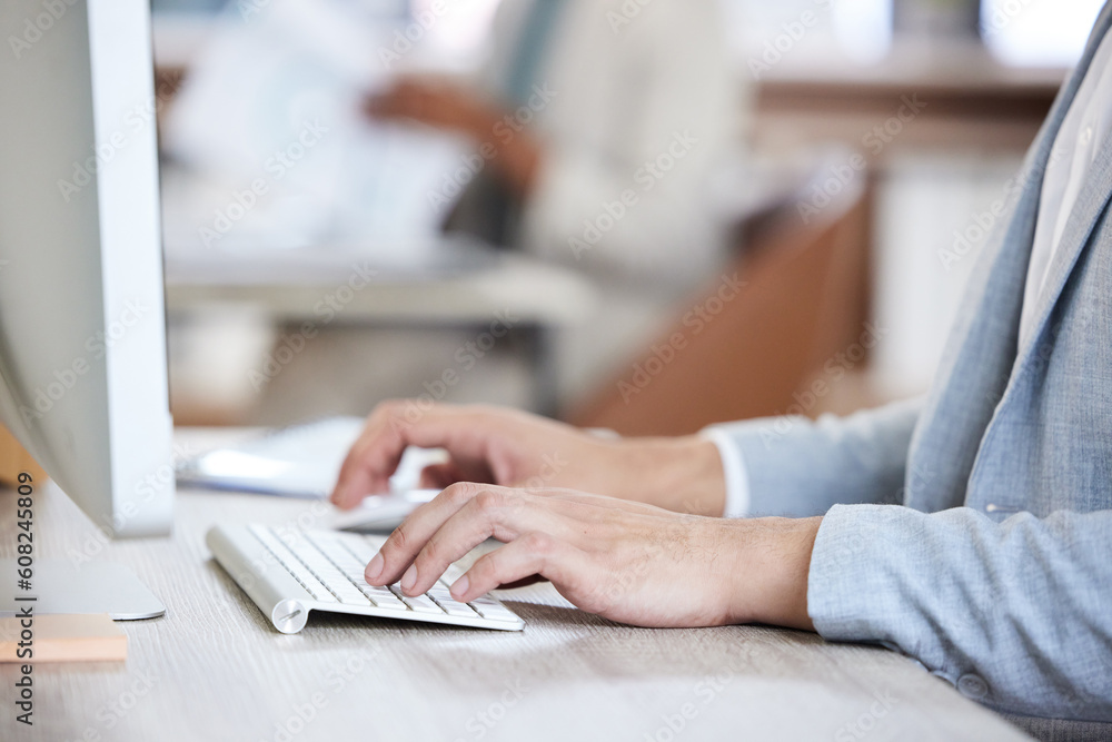 Research, hands and closeup of a businesswoman typing on a computer keyboard in the office. Technology, professional and female employee working on corporate company project with desktop in workplace Research, hands and closeup of a businesswoman typing on a computer keyboard in the office. Technology, professional and female employee working on corporate company project with desktop in workplace