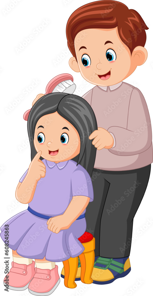 a father is combing his daughter's hair gently a father is combing his daughter's hair gently