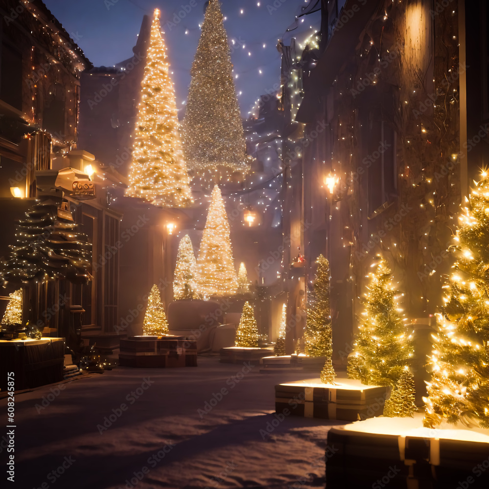 Obraz premium Town decorated with lighted Christmas trees. Generative AI
