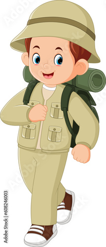 a young man doing adventurous activities wearing adventurous clothes and carrying a large backpack