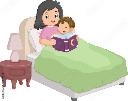 a mother is reading a story book to her son as a bedtime bed