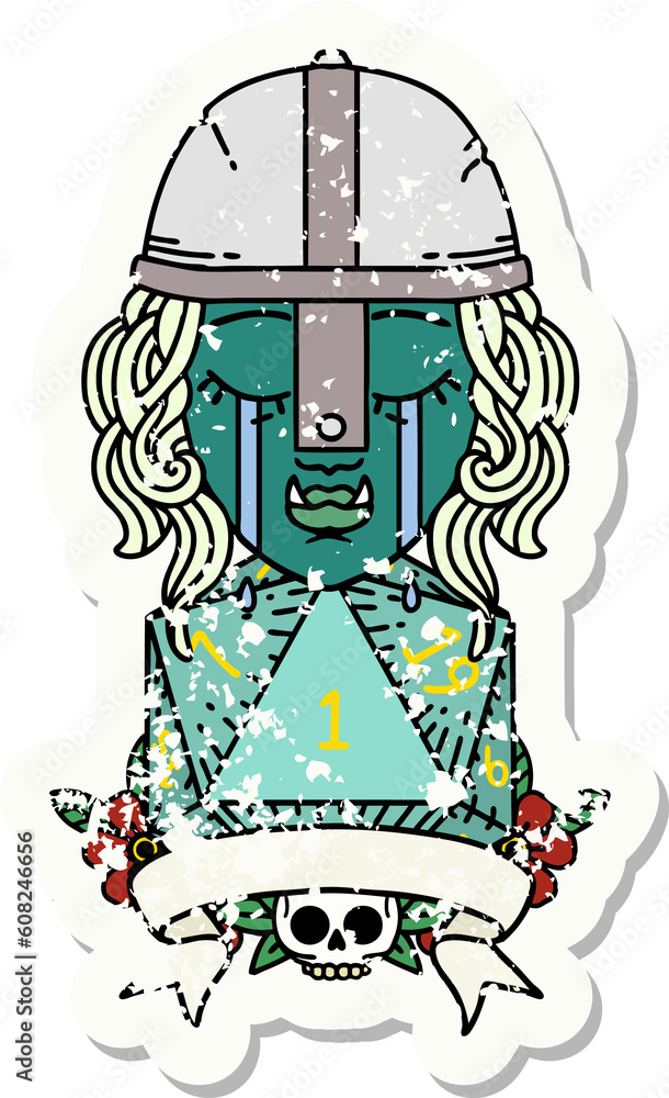 Retro Tattoo Style crying orc fighter character with natural one D20 roll Retro Tattoo Style crying orc fighter character with natural one D20 roll