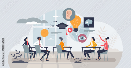 Academic training with education and knowledge learning tiny person concept. School, college or university class course for cognitive process and smart professional skills program vector illustration