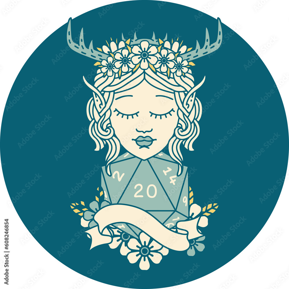 Retro Tattoo Style elf druid with natural twenty dice roll Retro Tattoo Style elf druid with natural twenty dice roll