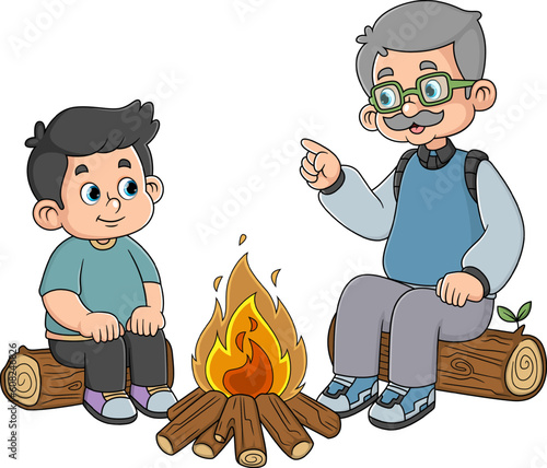 a happy grandfather with his grandson camping and turn on bonfire
