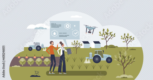 Precision farming with smart and effective agriculture tiny person concept. Modern soil humidity and nutrition control for gardening vector illustration. Ecological and biological food growing.