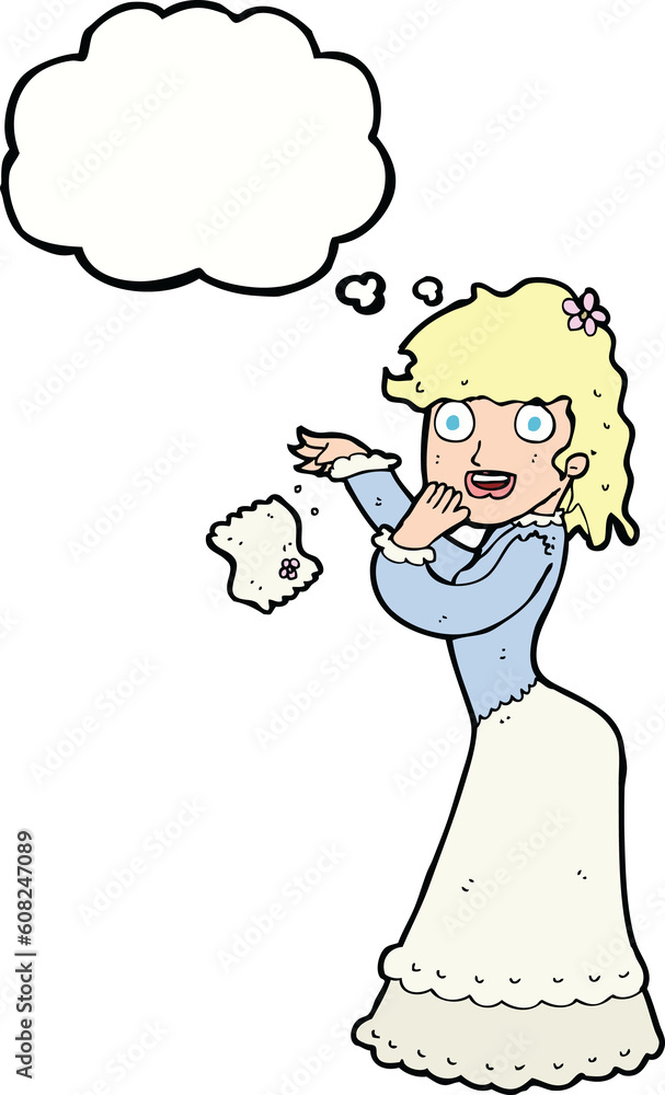 cartoon victorian woman dropping handkerchief with thought bubble