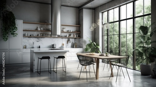 Modern spacious loft kitchen with breakfast bar and dining area. Minimalistic interior, concrete walls and floor, white facades, floor-to-ceiling panoramic windows. Generative AI