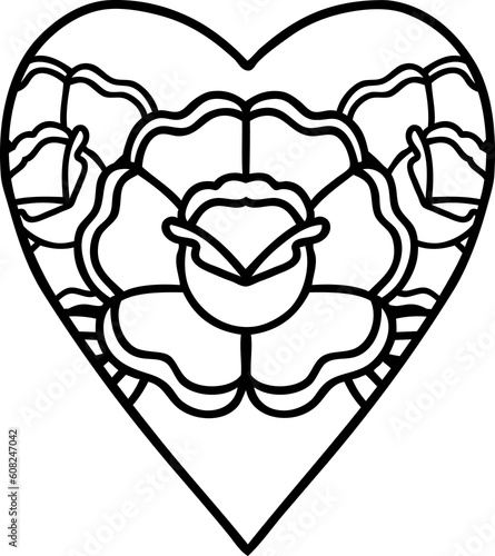 tattoo in black line style of a heart and flowers