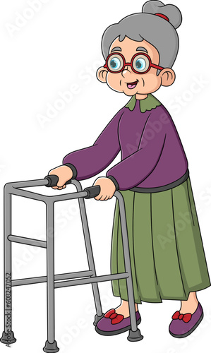 Old woman walking with zimmer frame. Clipart image isolated on white background