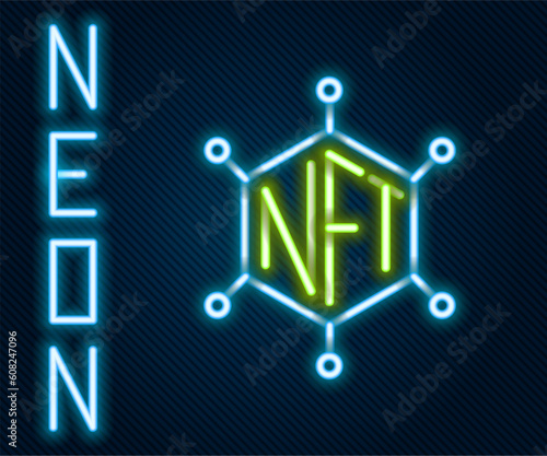 Glowing neon line NFT blockchain technology icon isolated on black background. Non fungible token. Digital crypto art concept. Colorful outline concept. Vector
