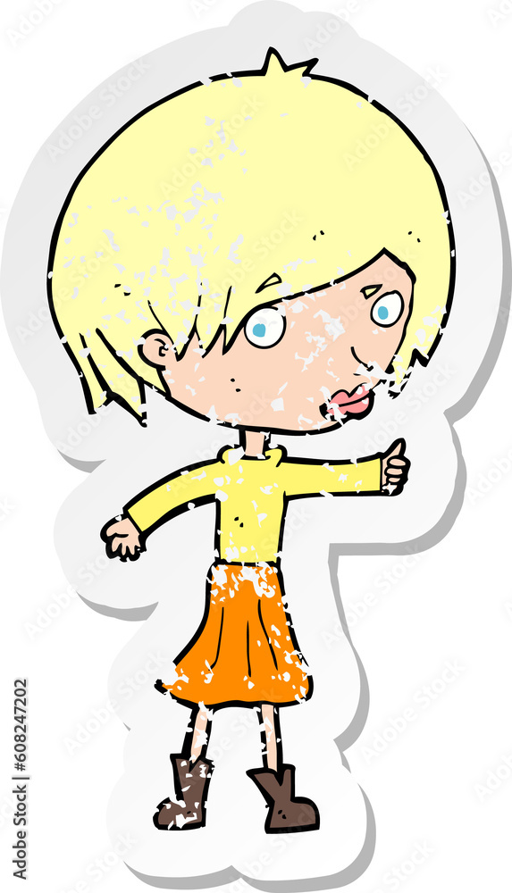 retro distressed sticker of a cartoon woman raising eyebrow retro distressed sticker of a cartoon woman raising eyebrow