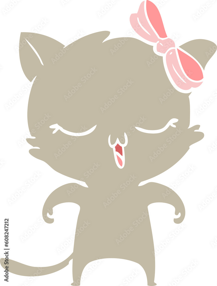 flat color style cartoon cat with bow on head