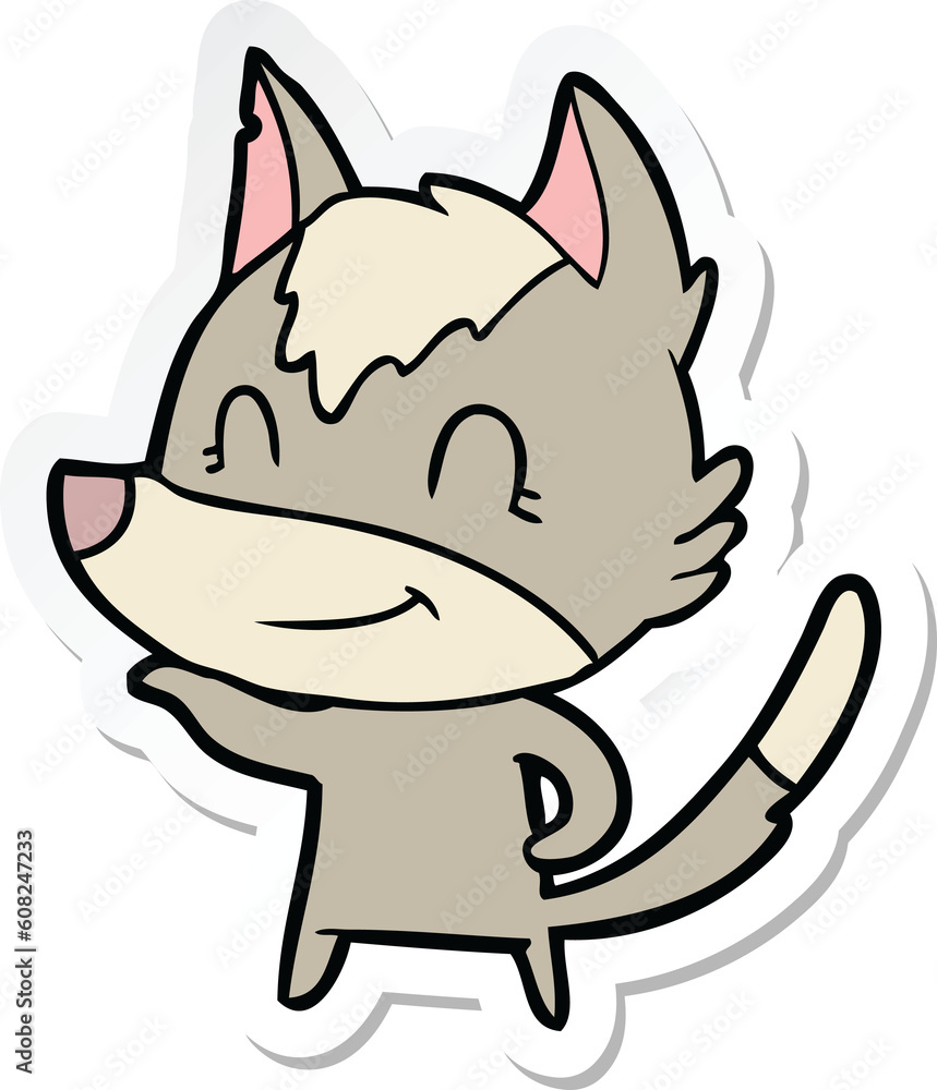 sticker of a friendly cartoon wolf