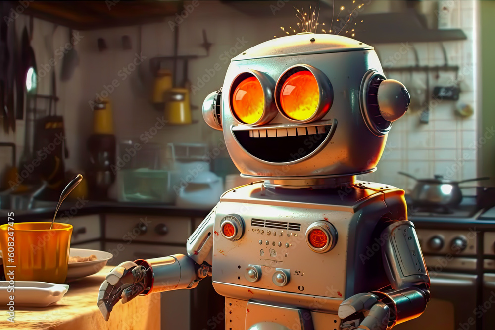 Fototapeta premium An adorable little robot in the kitchen, cheerful and smiling, portrait, generative ai