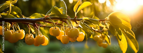 yellow cherry grows in the garden harvest. Generative Ai, photo