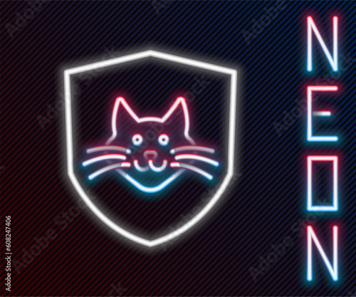 Glowing neon line Animal health insurance icon isolated on black background. Pet protection concept. Dog or cat paw print. Colorful outline concept. Vector