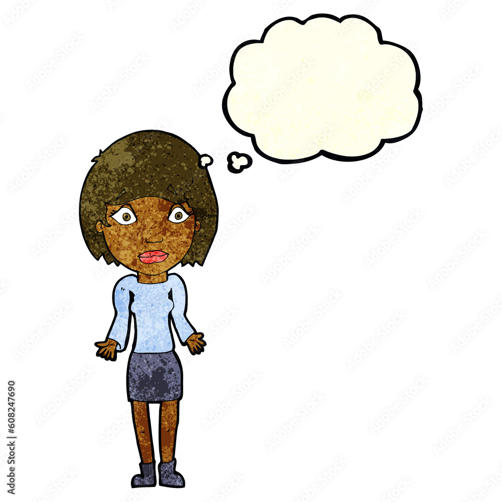 cartoon woman shrugging shoulders with thought bubble cartoon woman shrugging shoulders with thought bubble