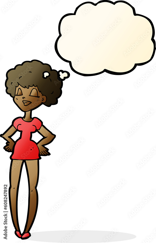 cartoon happy woman with hands on hips with thought bubble cartoon happy woman with hands on hips with thought bubble