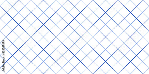 Windowpane plaid blue and white seamless pattern with diagonal dashed lines. Classic wool suit fabric. Elegant design. Simple monochrome background. Twill variegated woolen material