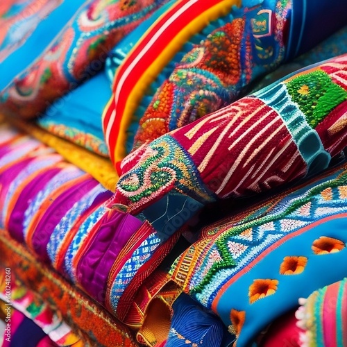 vibrant colors and intricate patterns of a traditional Mexican textile market 