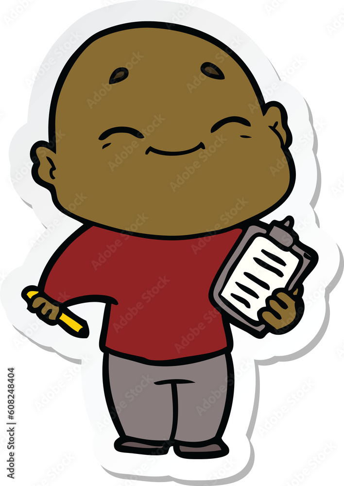 sticker of a happy cartoon bald man