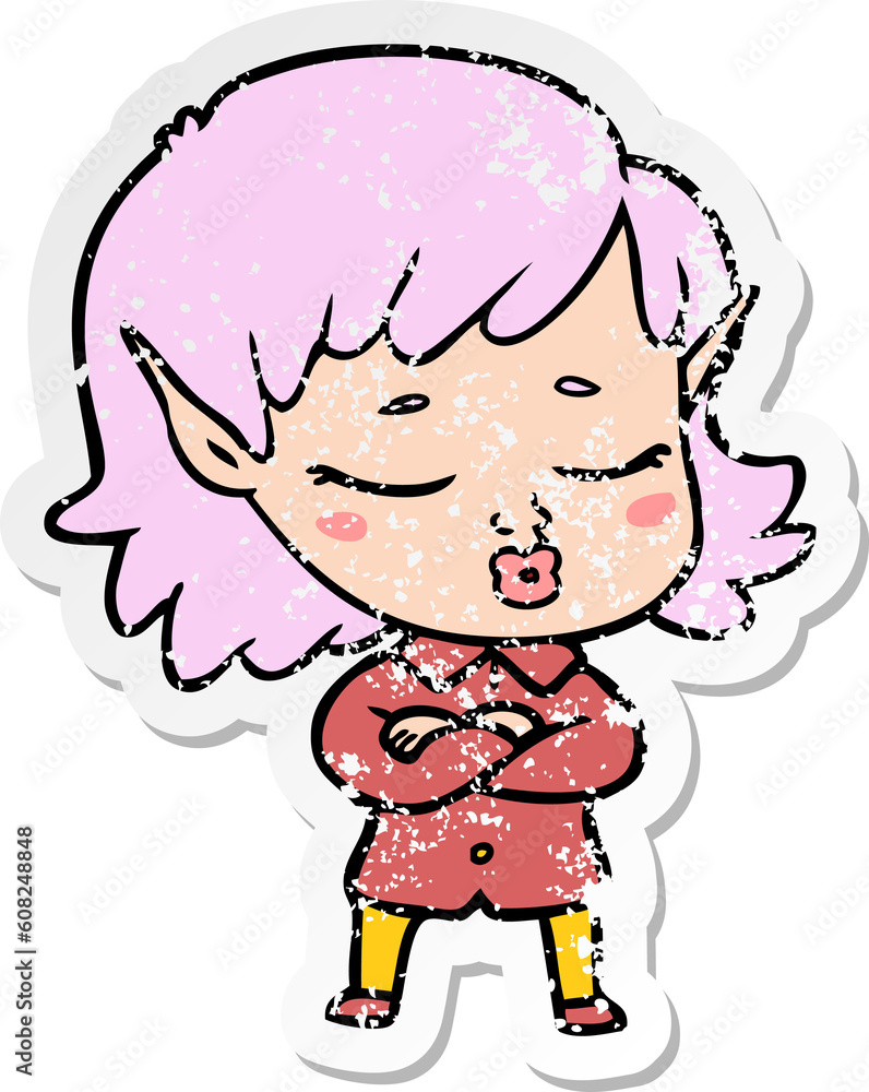 distressed sticker of a pretty cartoon elf girl distressed sticker of a pretty cartoon elf girl
