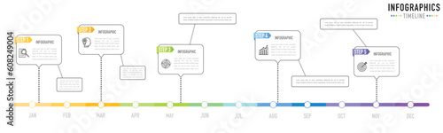 Timeline 12 months infographic template or element with 5 step, process, option, colorful rectangle, tree diagram, label, icons, mind map, rectangular, horizontal for sale slide, planner, calendar