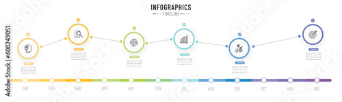 Circular timeline 12 months infographic template or element with 6 step, process, option, colorful circle, correct sign, label, icons, bar, minimal, modern style for sale slide, planner, schedule, web