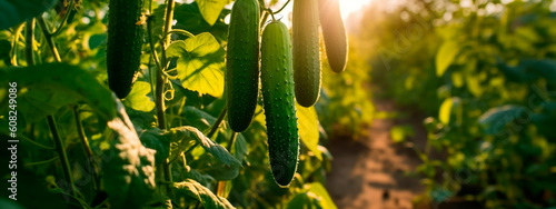 cucumber grows in the garden harvest. Generative Ai, photo