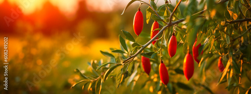 Goji berries grow on a tree in a harvest garden. Generative Ai, photo