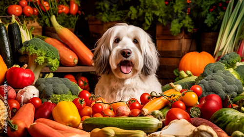 Healthy food concept for dogs, dog sitting under vegetables. Generative AI,