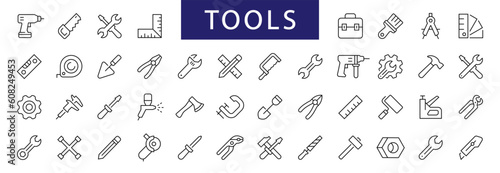 Tool & Instrument thin line icons set. Building Tools editable stroke icon. Working tools symbols. Instrument simple icons. Vector