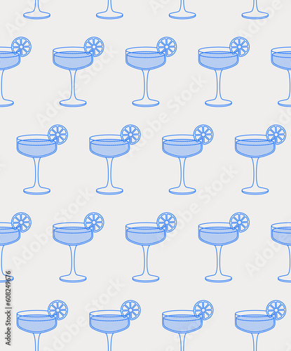 Seamless pattern of daiquiri cocktail with lime slice. Line art, retro. Vector illustration for bars, cafes, and restaurants.