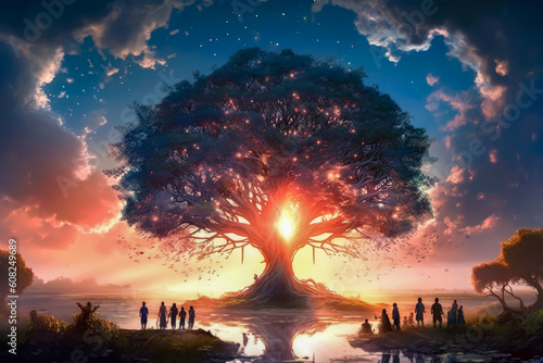 A huge tree in the middle of a lake, Fantasia, at sunset, there are silhouettes of people admiring it, majestic, generative ai